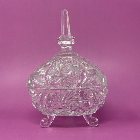 Vintage Pedestal Heavy Thick Crystal Glass Candy Dish w/ Lid Tall Spire Handle, - Picture 2 of 7
